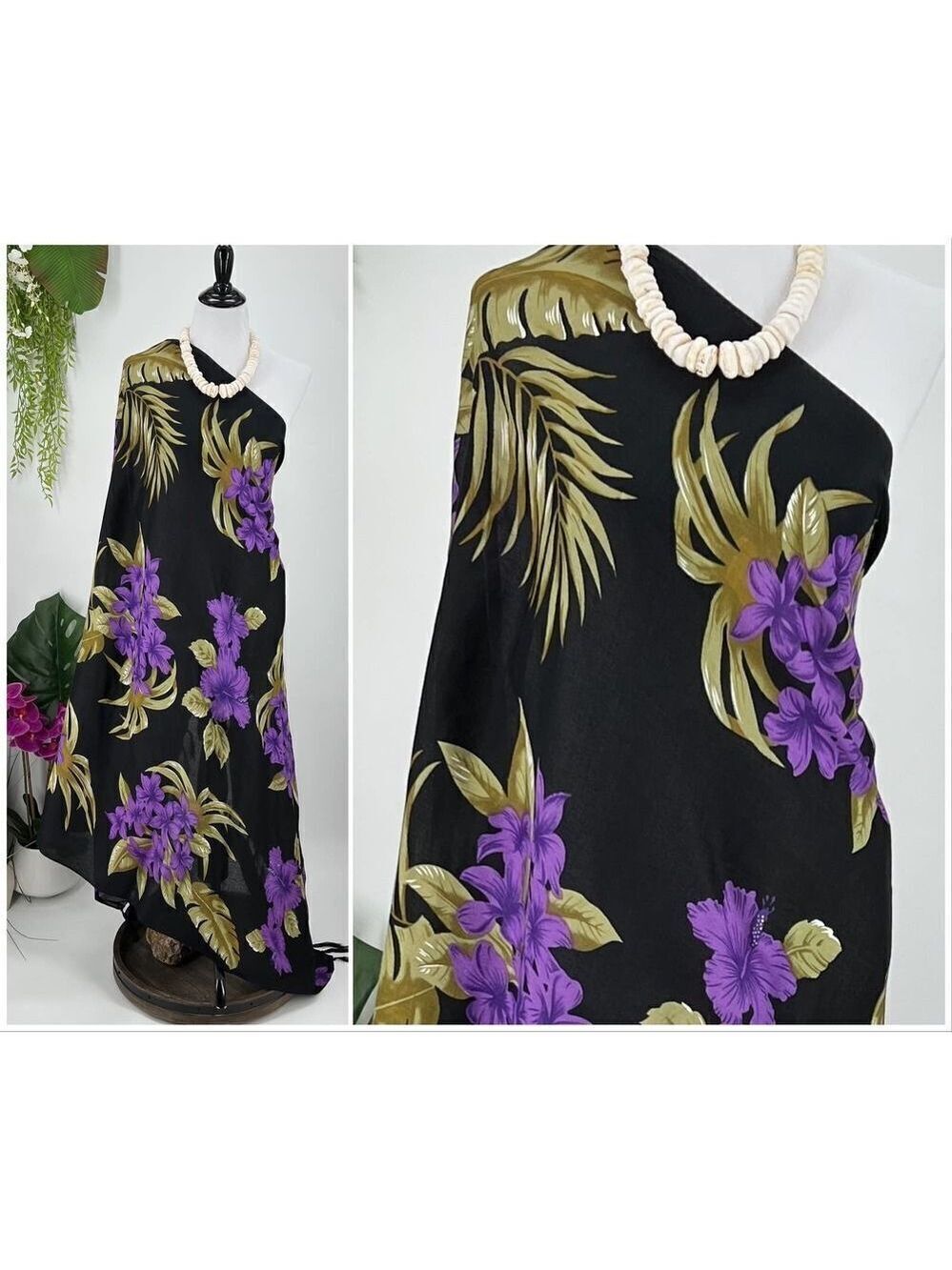 Black Purple Gold Hibiscus Palm Tropical MAXI SARONG Kīkepa Pareo Beach Wrap